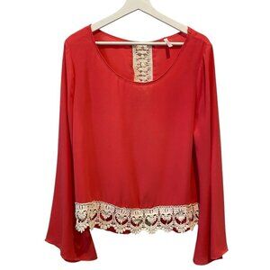 Pink Blush L Silk Rosy Pink Crochet Lace Feminine Flowy Blouse